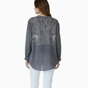 Johnny Was C19121-3 Gray Tonal Embroidered Cupra Split Neck Tunic Medium